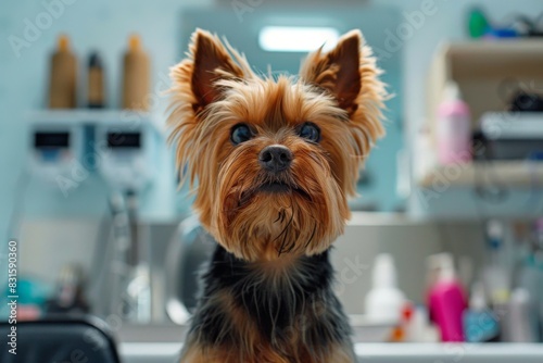 A small dog on a table in a room, looking at the camera