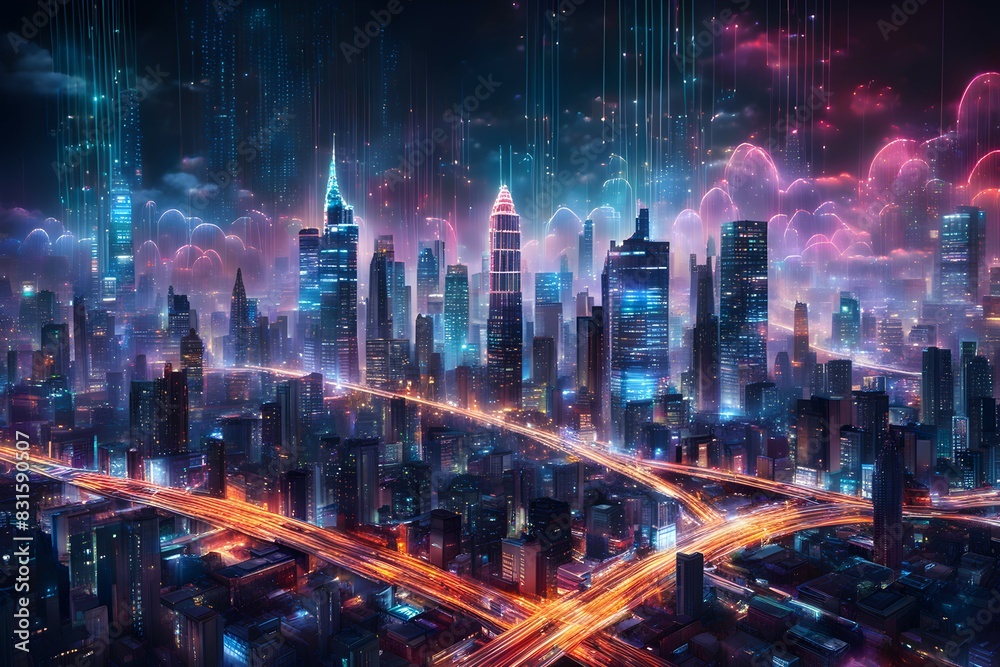 Fototapeta premium A cityscape with neon lights and a futuristic feel