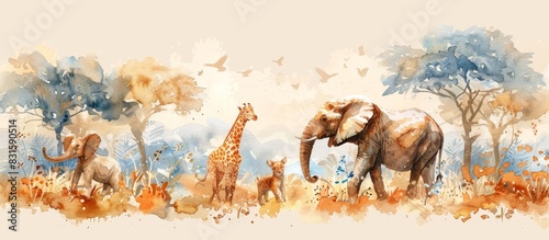 A painting of a group of animals in the wild, including elephants, giraffes, and a baby elephant photo