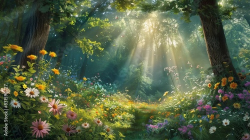 A forest with a path through it and a field of flowers. The sun is shining through the trees  creating a warm and inviting atmosphere