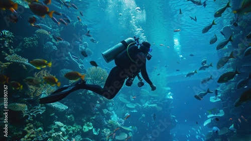 A man in a scuba suit is swimming in a large aquarium