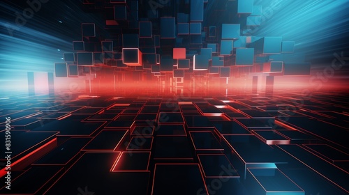 Futuristic digital landscape with glowing red and blue lights. 3D abstract technology background.