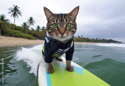 Summer composition, Cat in a life jacket riding the waves on a surfboard, concept of active lifestyle, vacation, adventure, tourism sea photo