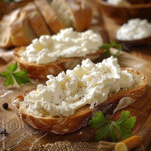 creamy ricotta cheese spread on crispy golden slice of freshbaked bread appetizing food still life photo