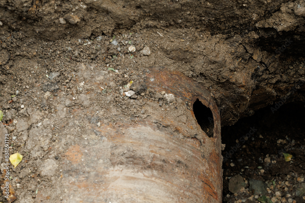 Rusty pipe is sitting in the dirt. The pipe is old and has a hole in it Rusty pipe is sitting in the dirt. The pipe is old and has a hole in it