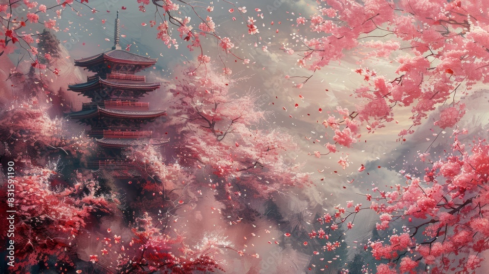 Fototapeta premium cherry blossom painting, an oil painting of sakura petals cascading on a japanese pagoda, evoking the fleeting charm of japans natural allure in delicate hues of pink and white