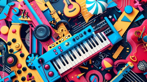 A vibrant, colorful collage of musical instruments and equipment in a playful, abstract style, perfect for creative projects. photo