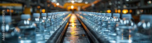 A conveyor belt with many bottles of water on it. The bottles are all the same color and are lined up in a row photo