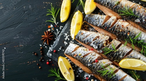 Marinated slices of mackerel or herring with lemon and spices A concept of healthful cuisine and cooking from an aerial perspective photo