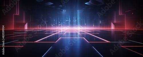 Neon futuristic interior with glowing lines and geometric patterns. Sci-fi environment concept