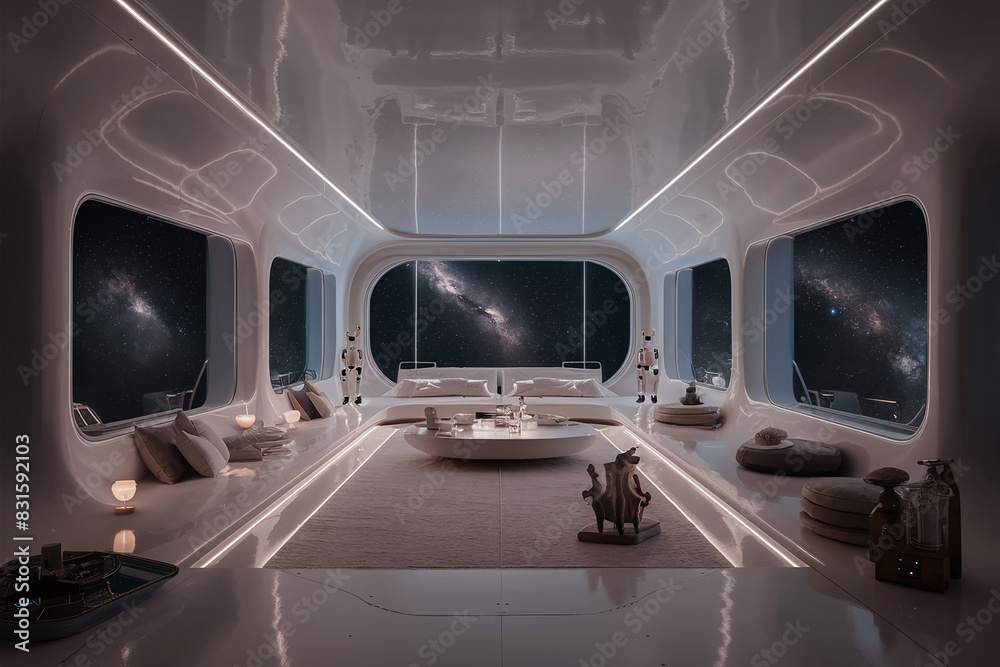 Futuristic space lounge with large windows showcasing galaxy view. Modern, minimalist furniture and soft lighting. Futuristic space lounge with large windows showcasing galaxy view. Modern, minimalist furniture and soft lighting.
