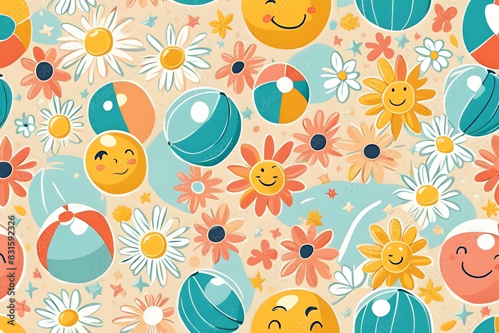 A colorful pattern of smiling faces and beach balls