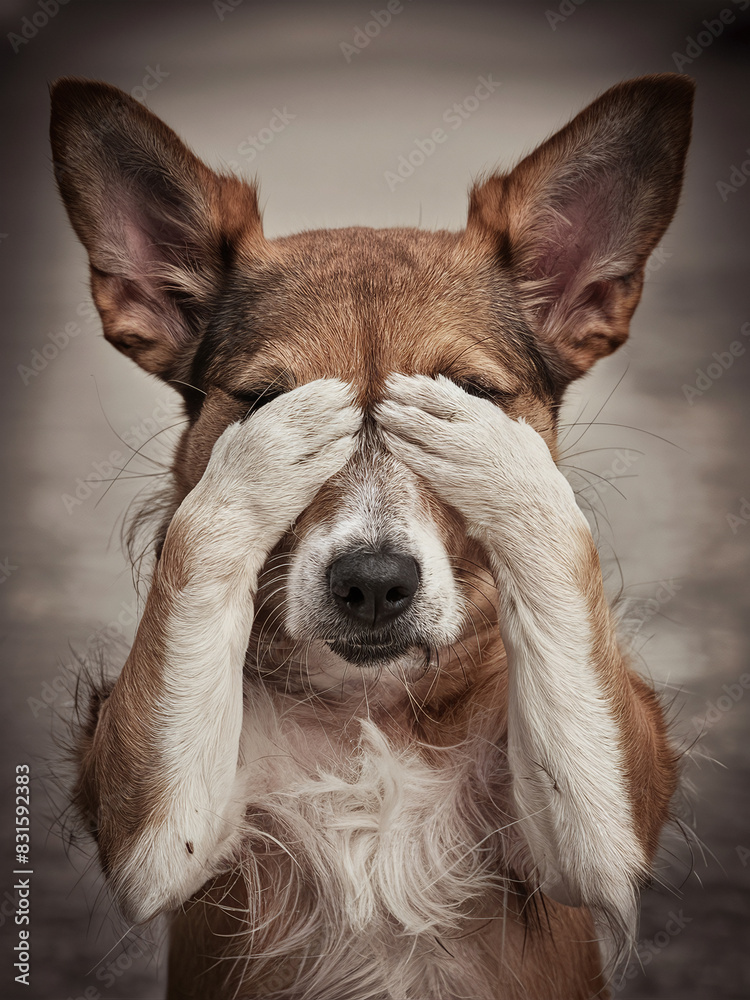 Obraz premium Cute dog covering its eyes with paws, playing peek-a-boo. Large ears, fluffy chest.