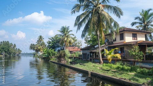 A house with a white roof sits on a river bank