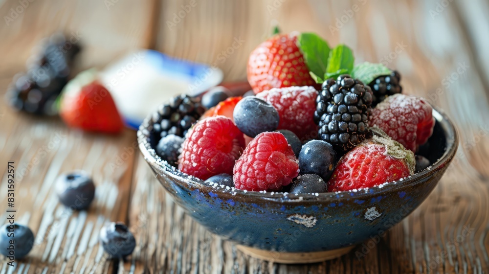 Blue ceramic bowl filled with assorted fresh berries including raspberries, blackberries, and blueberries on a wooden table. Perfect for a healthy diet and antioxidant-rich snacks. Blue ceramic bowl filled with assorted fresh berries including raspberries, blackberries, and blueberries on a wooden table. Perfect for a healthy diet and antioxidant-rich snacks.