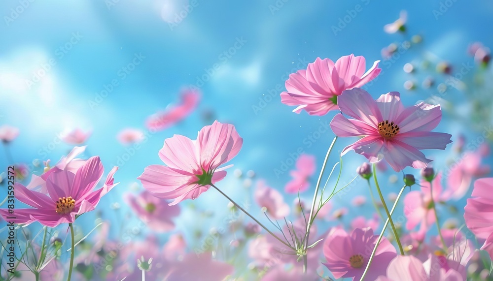 enchanting cosmos flowers dancing in spring breeze against vibrant blue sky impressionist painting