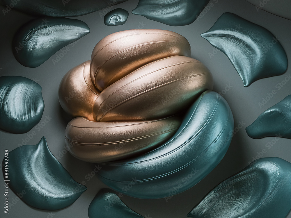 Abstract metallic sculpture with intertwined gold and silver elements surrounded by scattered metallic shapes on smooth surface. Abstract metallic sculpture with intertwined gold and silver elements surrounded by scattered metallic shapes on smooth surface.