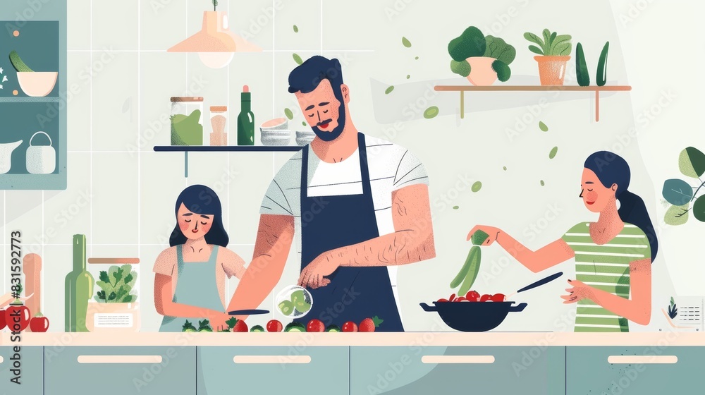 Healthy fit father in cozy clothes giving daughter fresh vegetable while preparing mixture salad for sunday brunch. Mindful spouse following recipe instructions during various stages of preparation. Healthy fit father in cozy clothes giving daughter fresh vegetable while preparing mixture salad for sunday brunch. Mindful spouse following recipe instructions during various stages of preparation.