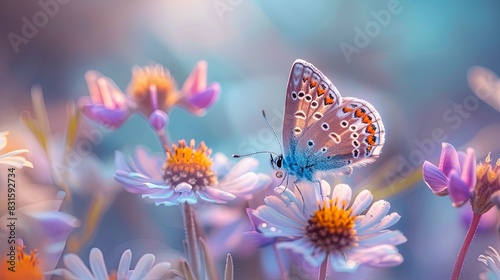 Serene and Artistic Natural Scene: Beautiful Pastoral Landscape with Chamomile and Blue Wild Peas in Morning Haze Against a Blue Sky with Clouds.