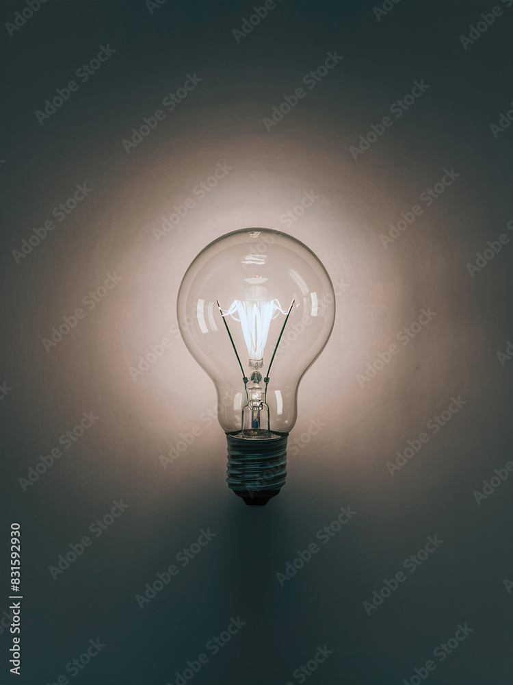 Single illuminated light bulb against dark background, casting soft glow. Single illuminated light bulb against dark background, casting soft glow.