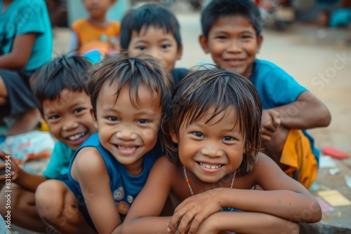 Unidentified asian children sit on the ground and smiling.