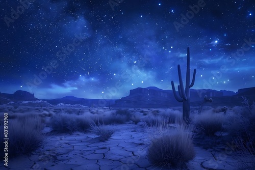 A vast desert landscape with a lone cactus under a starry night sky.
