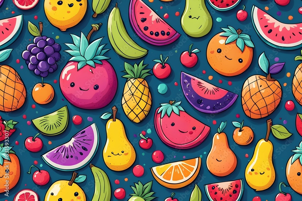 A colorful and cute cartoon fruit pattern with a happy and playful mood A colorful and cute cartoon fruit pattern with a happy and playful mood