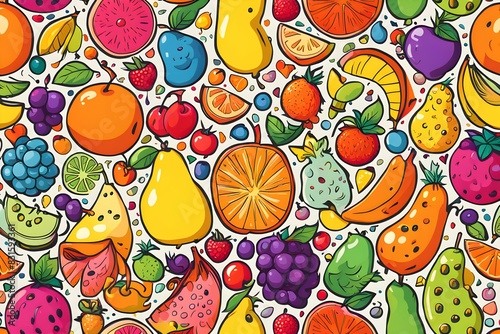 A colorful fruit pattern with a variety of fruits including apples  oranges