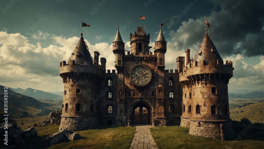 A medieval castle transformed into a steampunk fortress