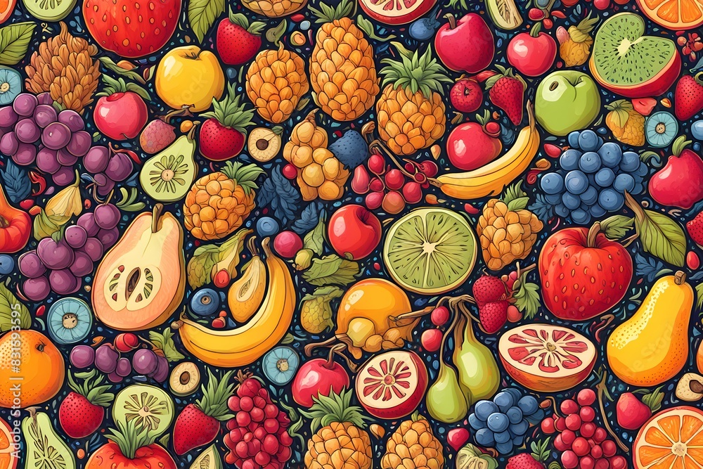 A colorful fruit pattern with a variety of fruits including apples, oranges A colorful fruit pattern with a variety of fruits including apples, oranges