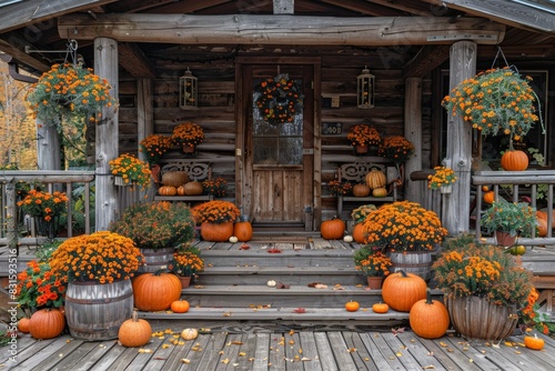 a charming porch adorned with pumpkins and mums, celebrating the arrival of autumn