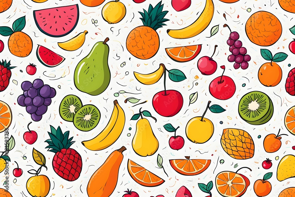A colorful fruit pattern with a variety of fruits including bananas, oranges