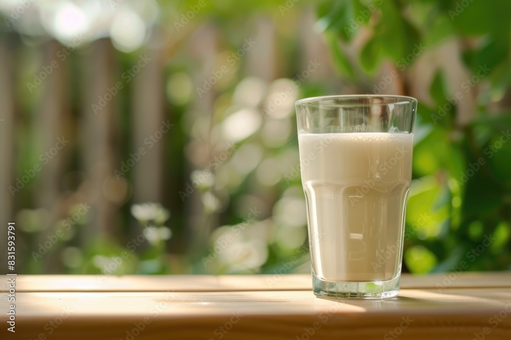 A glass of milk on a wooden desk against the green defocused natural background in garden. A glass of milk on a wooden desk against the green defocused natural background in garden.