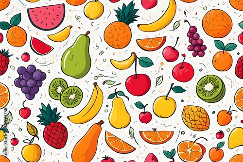 A colorful fruit pattern with a variety of fruits including bananas  oranges
