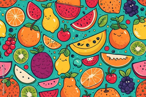 A colorful fruit pattern with cartoon faces on the fruit