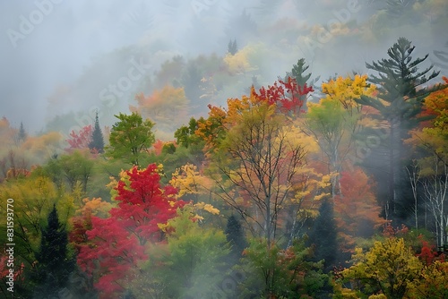 A vibrant autumn forest bathed in mist.