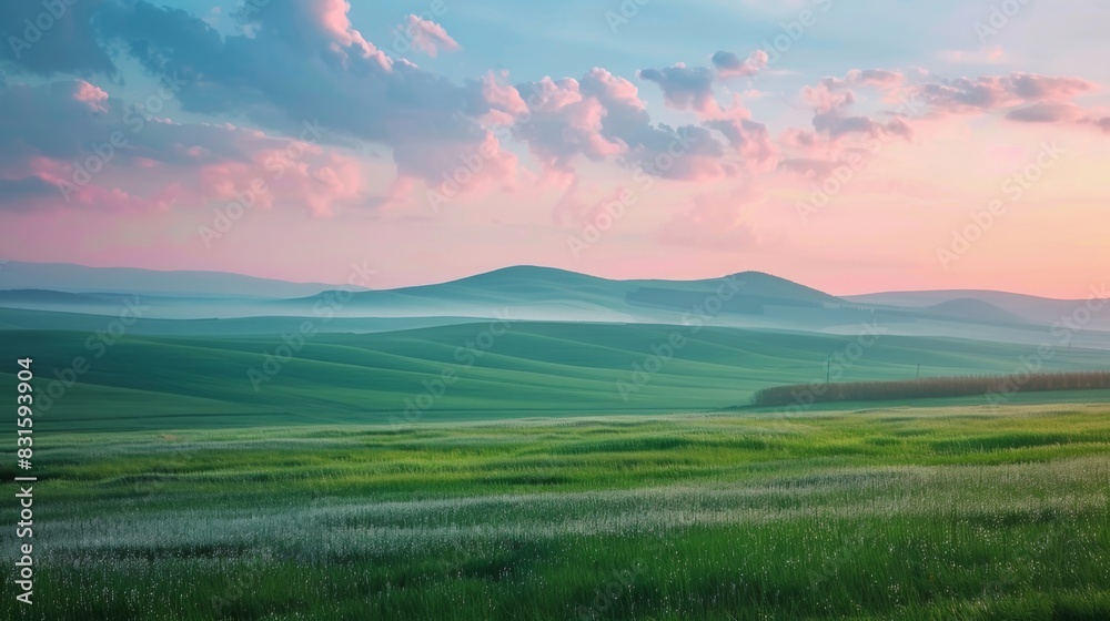 Rolling green hills under a serene pink and blue sky at sunrise, with soft clouds and tranquil mist in the distance.