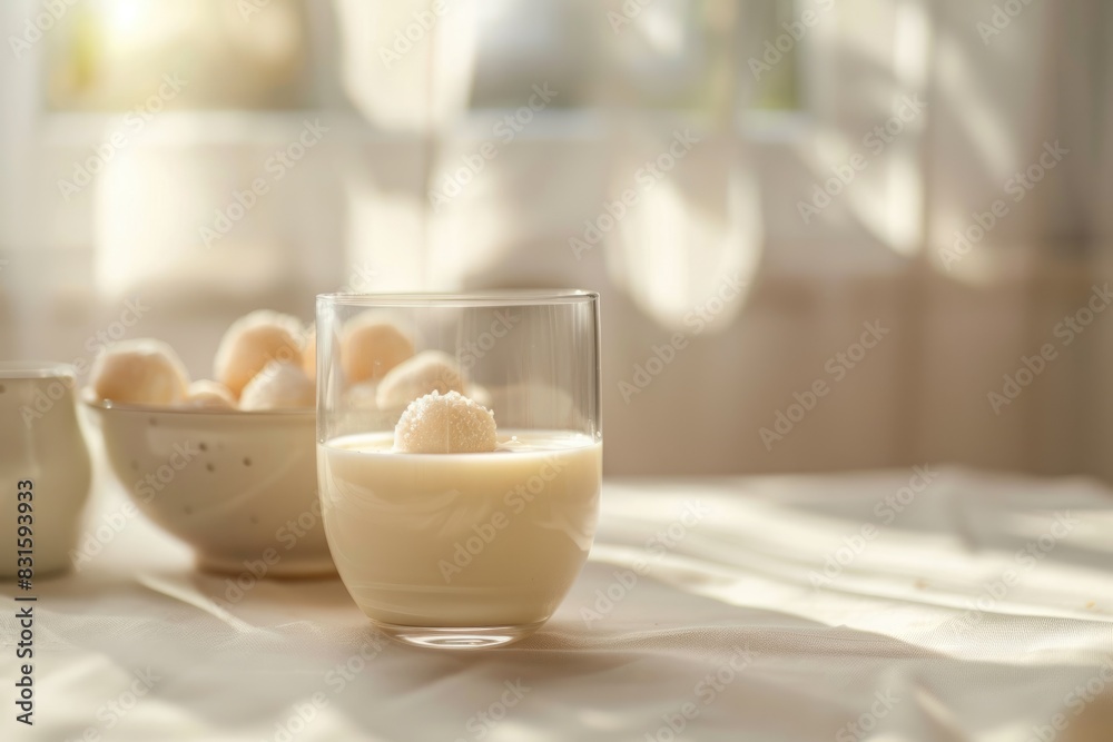 Defocused Milk in a glass  Raffaello sweets in a bowl  on a white table  in a high key