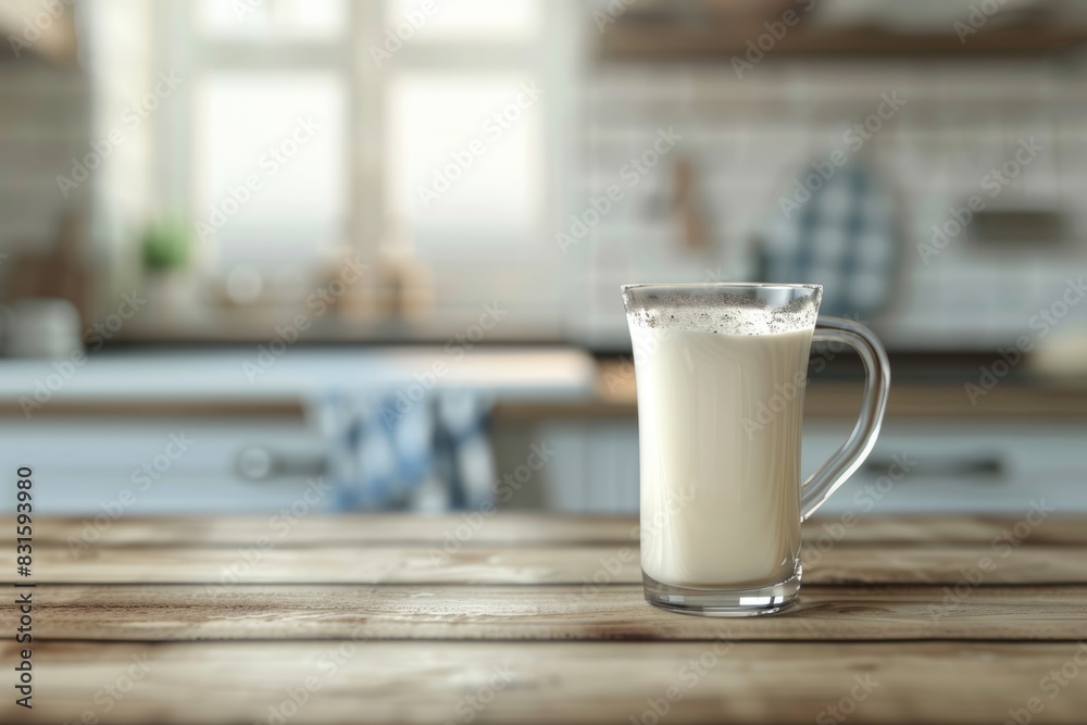 Fresh milk and jug on wooden table with kitchen background. Fresh milk and jug on wooden table with kitchen background.