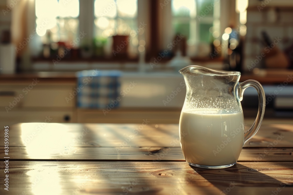 Fresh milk and jug on wooden table in kitchen. Fresh milk and jug on wooden table in kitchen.