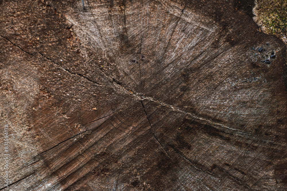 Fototapeta premium Close-up image of a tree stump reveals intricate wood grain patterns