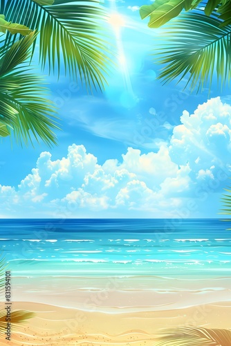 Summer background with frame  nature of tropical golden beach with rays of sun light and leaf palm. Golden sand beach close-up  sea water  blue sky  white clouds. Copy space  summer vacation concept.