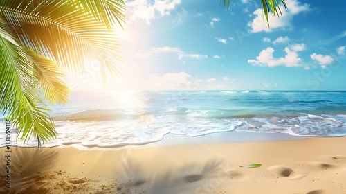 Summer background with frame  nature of tropical golden beach with rays of sun light and leaf palm. Golden sand beach close-up  sea water  blue sky  white clouds. Copy space  summer vacation concept.