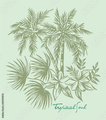 Hand-drawn illustration of coconut trees and tropical vegetation. Art in free and uncluttered lines.