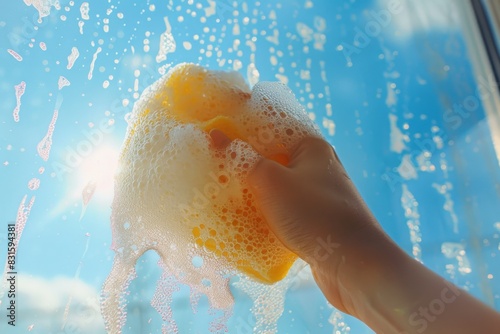 A person is cleaning a window with a sponge on a sunny day