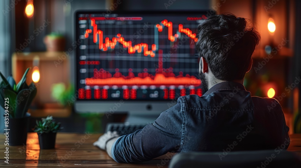 Businessman using laptop with virtual world economic growth chart and red warning sign, highlighting caution in investing and economic situation risks. Businessman using laptop with virtual world economic growth chart and red warning sign, highlighting caution in investing and economic situation risks.