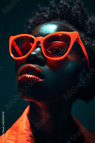 Close-up of the face and sunglasses of an African woman with dark skin