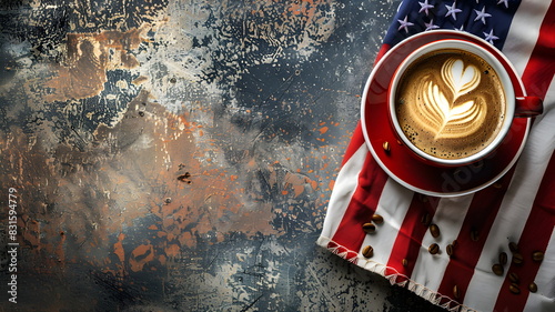 Cup of coffee on background of American flag