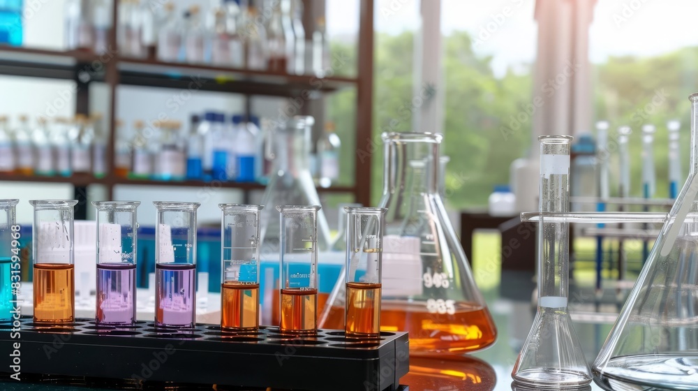 Craft a vivid image of a laboratory scene with test tubes in place Show an eye-level angle perspective with ample copy space for text or graphics Craft a vivid image of a laboratory scene with test tubes in place Show an eye-level angle perspective with ample copy space for text or graphics