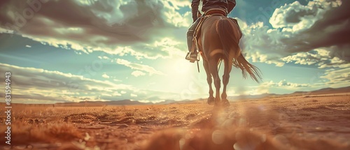 A lone rider on horseback journeys through a sunlit desert landscape under a vast, cloudy sky, capturing the essence of adventure and freedom. photo